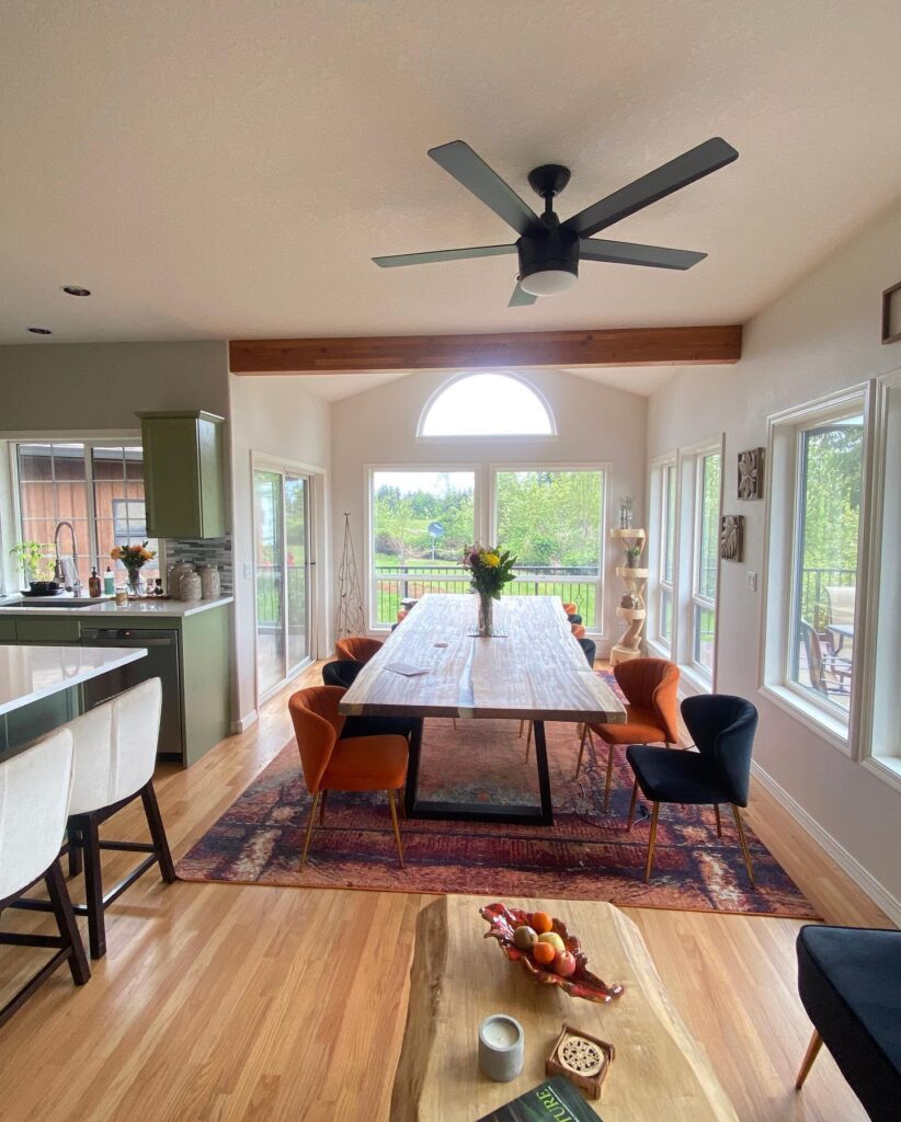Open dining room and kitchen with freshly painted walls